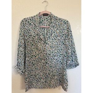 Devernois Paris Floral Daisy Print Button Up Shirt Women's 3/4 Sleeve Top